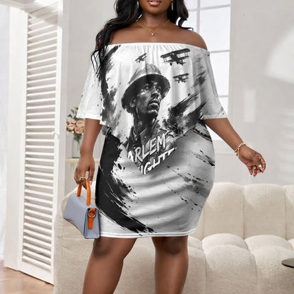 Personalized Harlem Hellfighters Off Shoulder Short Dress WWI African American Soldiers Monochrome Grunge Sketch Art