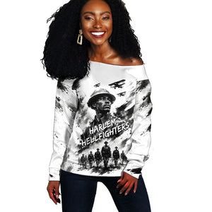 Personalized Harlem Hellfighters Off Shoulder Sweater WWI African American Soldiers Monochrome Grunge Sketch Art