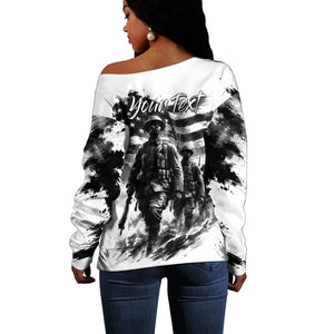 Personalized Harlem Hellfighters Off Shoulder Sweater WWI African American Soldiers Monochrome Grunge Sketch Art