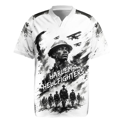 Personalized Harlem Hellfighters Rugby Jersey WWI African American Soldiers Monochrome Grunge Sketch Art