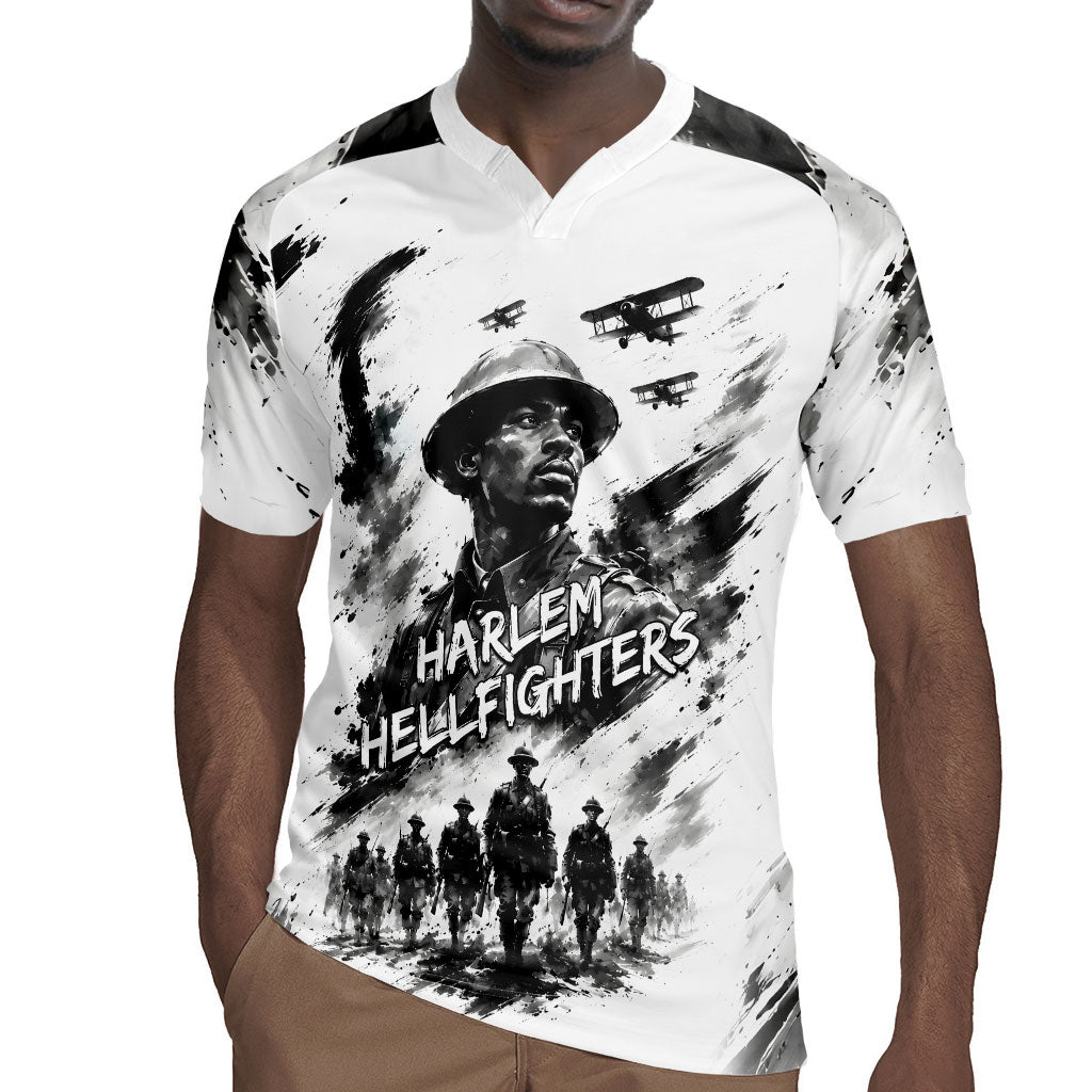 Personalized Harlem Hellfighters Rugby Jersey WWI African American Soldiers Monochrome Grunge Sketch Art