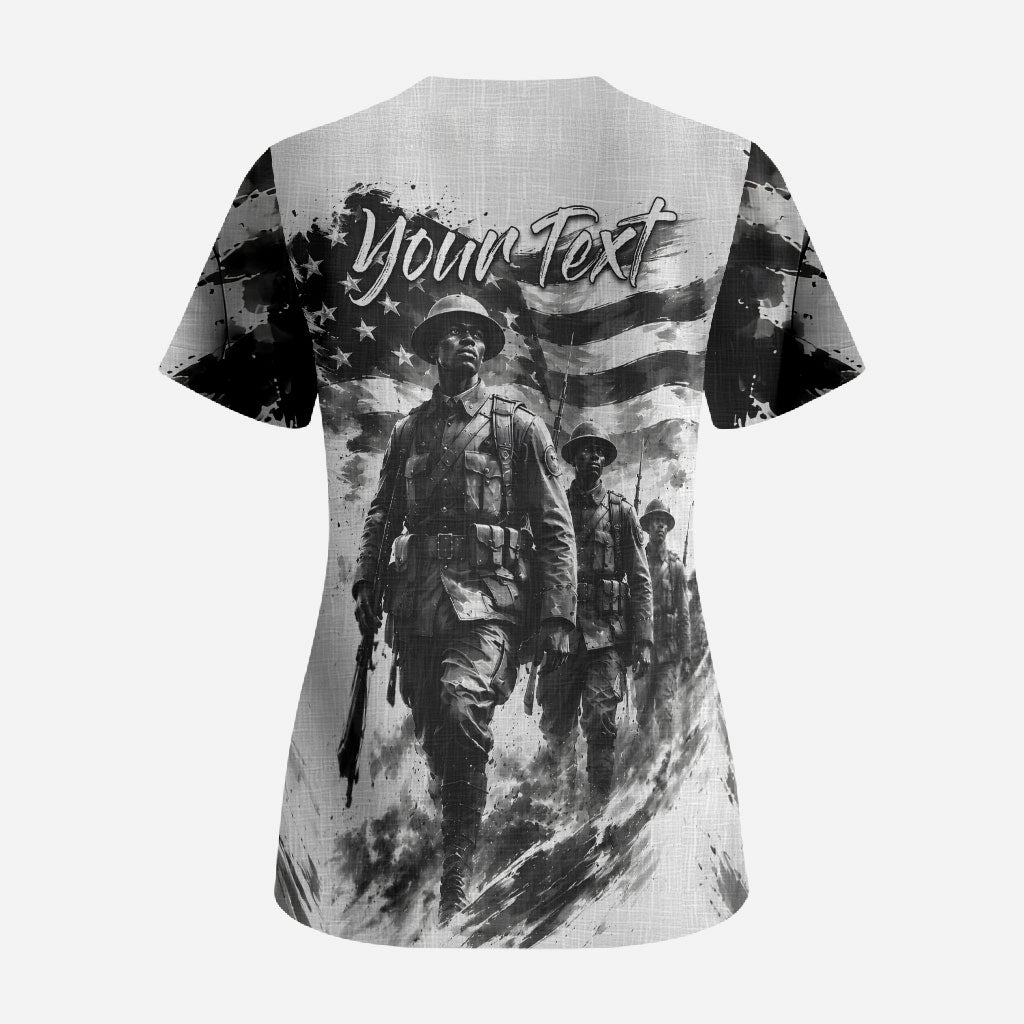 Personalized Harlem Hellfighters Scrub Top WWI African American Soldiers Monochrome Grunge Sketch Art