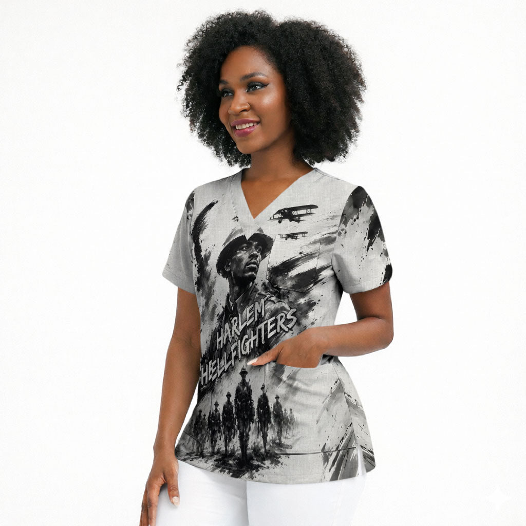 Personalized Harlem Hellfighters Scrub Top WWI African American Soldiers Monochrome Grunge Sketch Art