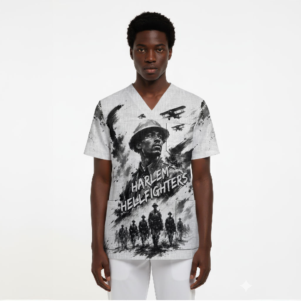Personalized Harlem Hellfighters Scrub Top WWI African American Soldiers Monochrome Grunge Sketch Art