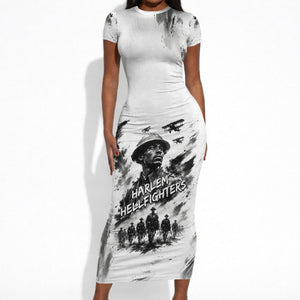 Personalized Harlem Hellfighters Short Sleeve Bodycon Dress WWI African American Soldiers Monochrome Grunge Sketch Art