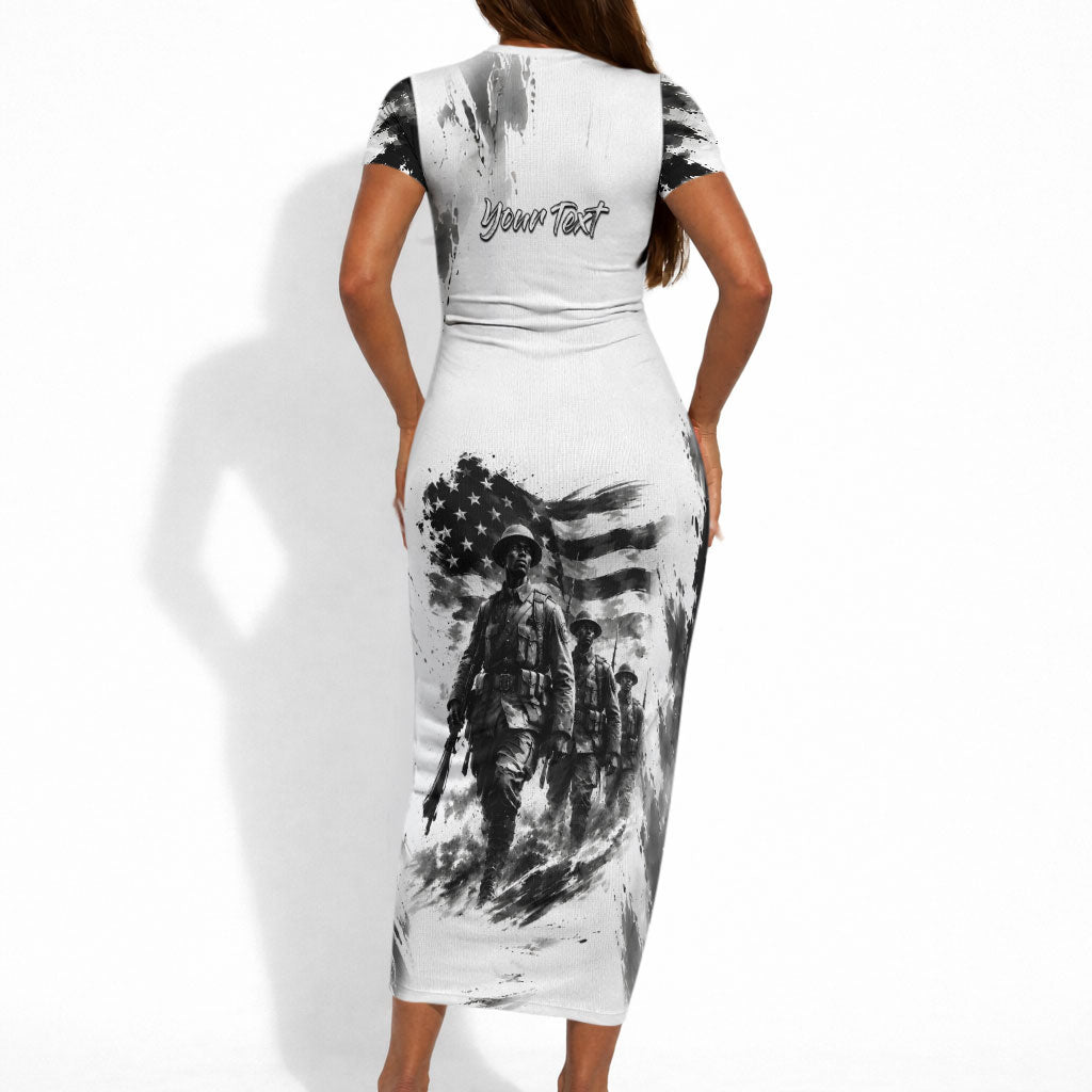 Personalized Harlem Hellfighters Short Sleeve Bodycon Dress WWI African American Soldiers Monochrome Grunge Sketch Art