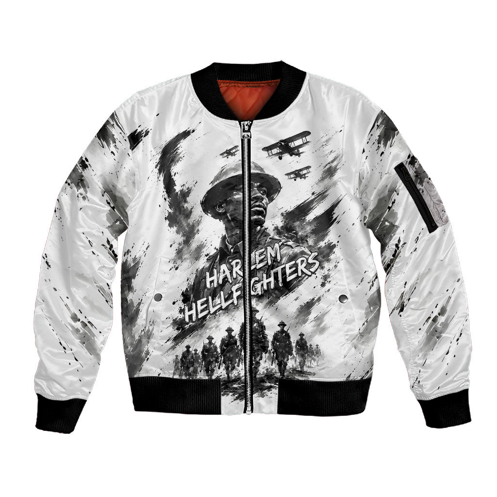 Personalized Harlem Hellfighters Sleeve Zip Bomber Jacket WWI African American Soldiers Monochrome Grunge Sketch Art