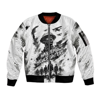 Personalized Harlem Hellfighters Sleeve Zip Bomber Jacket WWI African American Soldiers Monochrome Grunge Sketch Art