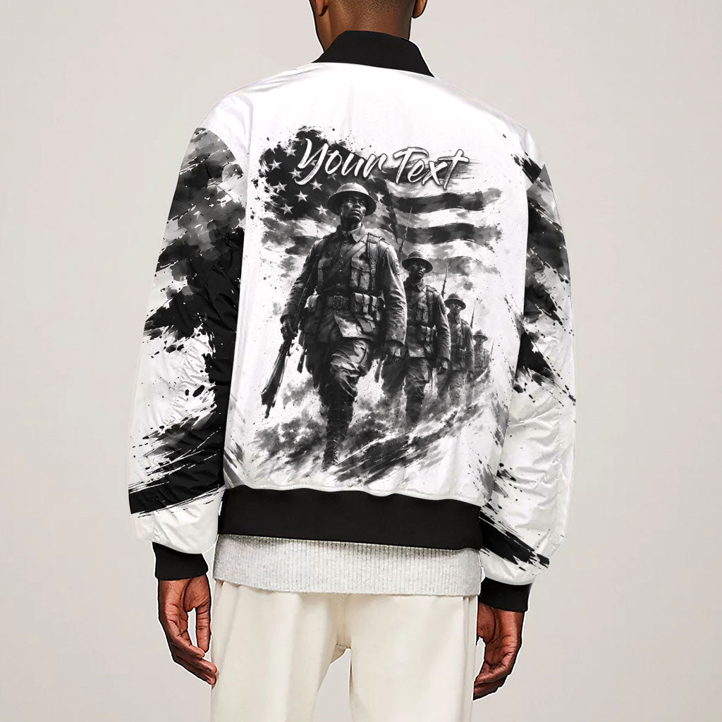 Personalized Harlem Hellfighters Sleeve Zip Bomber Jacket WWI African American Soldiers Monochrome Grunge Sketch Art