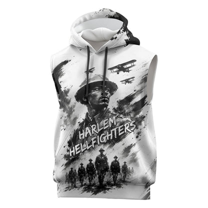 Personalized Harlem Hellfighters Sleeveless Hoodie WWI African American Soldiers Monochrome Grunge Sketch Art