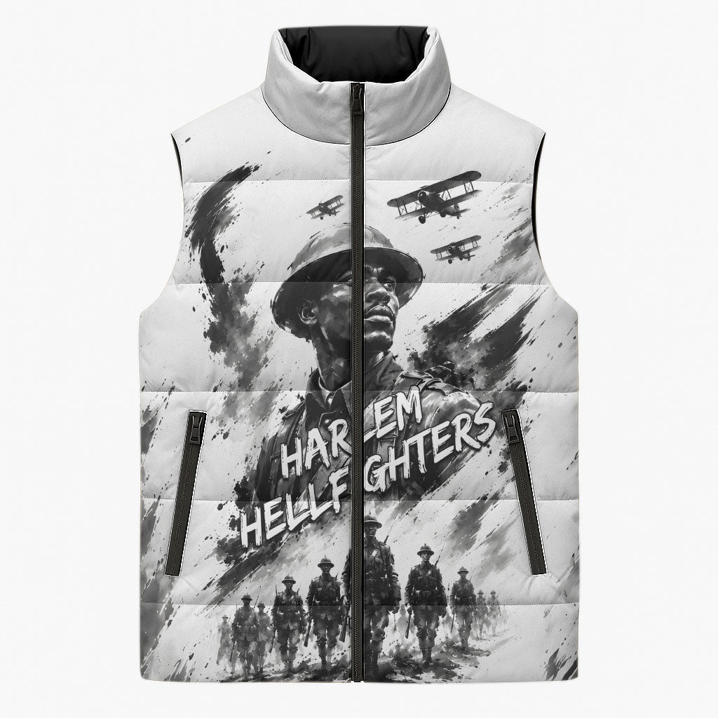 Personalized Harlem Hellfighters Sleeveless Puffer Jacket WWI African American Soldiers Monochrome Grunge Sketch Art