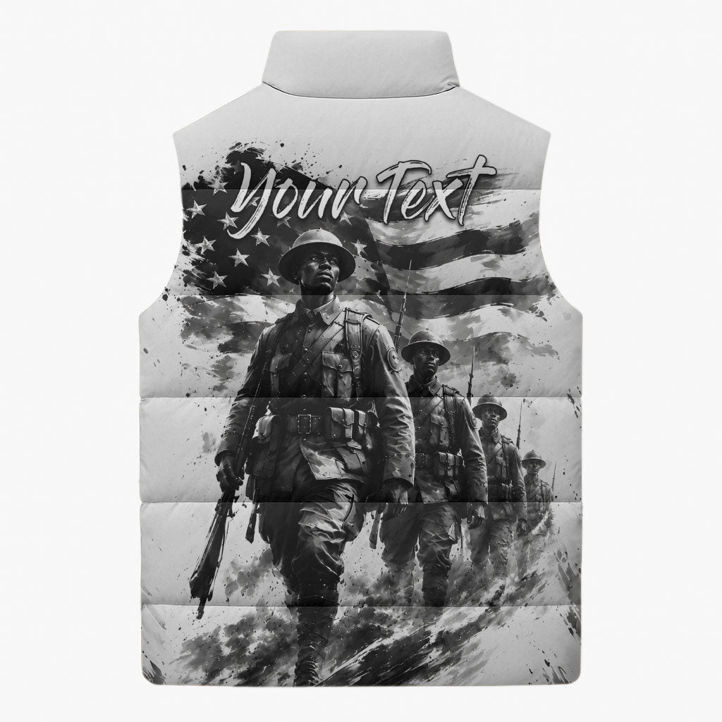 Personalized Harlem Hellfighters Sleeveless Puffer Jacket WWI African American Soldiers Monochrome Grunge Sketch Art