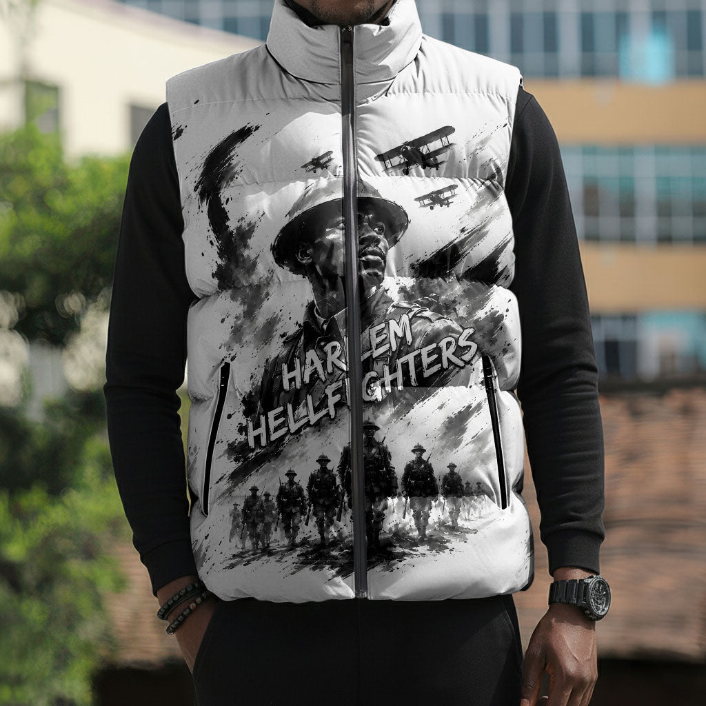 Personalized Harlem Hellfighters Sleeveless Puffer Jacket WWI African American Soldiers Monochrome Grunge Sketch Art