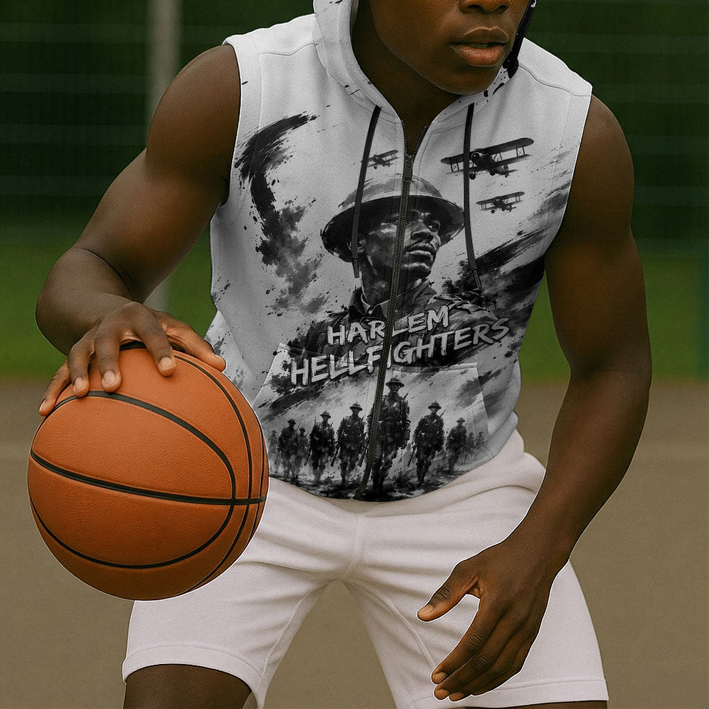 Personalized Harlem Hellfighters Sleeveless Zip Hoodie WWI African American Soldiers Monochrome Grunge Sketch Art
