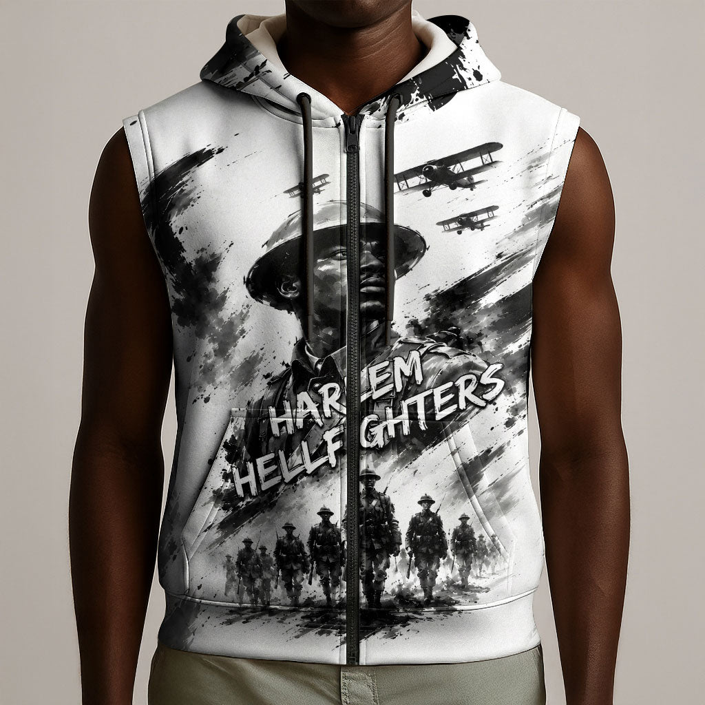 Personalized Harlem Hellfighters Sleeveless Zip Hoodie WWI African American Soldiers Monochrome Grunge Sketch Art