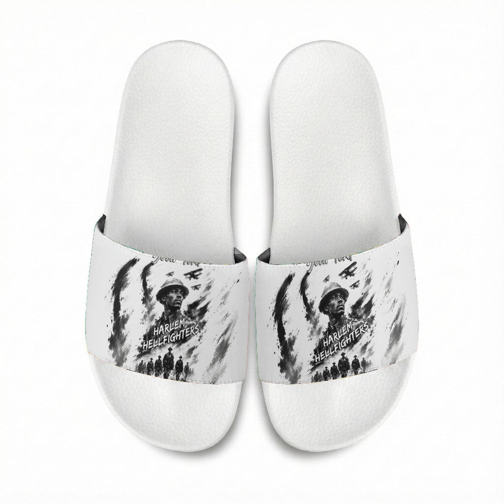 Personalized Harlem Hellfighters Slide Sandals WWI African American Soldiers Monochrome Grunge Sketch Art