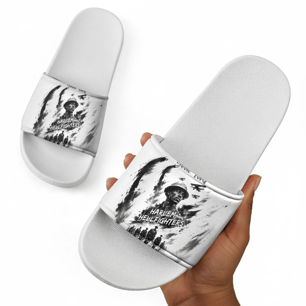 Personalized Harlem Hellfighters Slide Sandals WWI African American Soldiers Monochrome Grunge Sketch Art