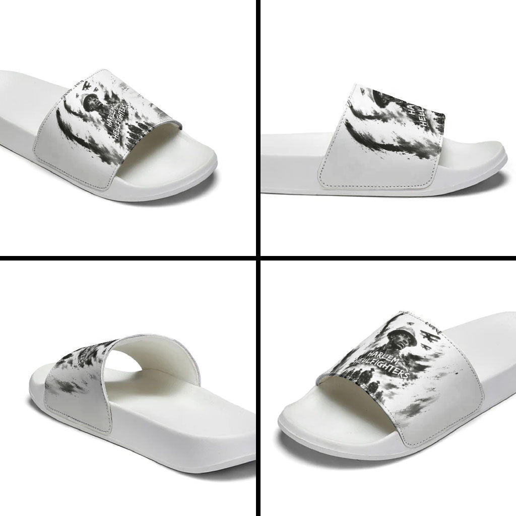 Personalized Harlem Hellfighters Slide Sandals WWI African American Soldiers Monochrome Grunge Sketch Art