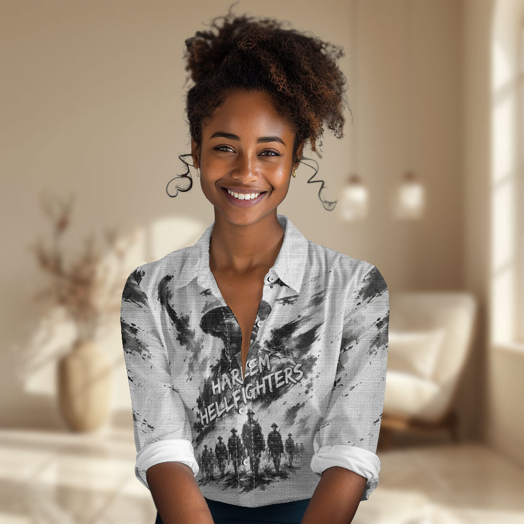 Personalized Harlem Hellfighters Women Casual Shirt WWI African American Soldiers Monochrome Grunge Sketch Art