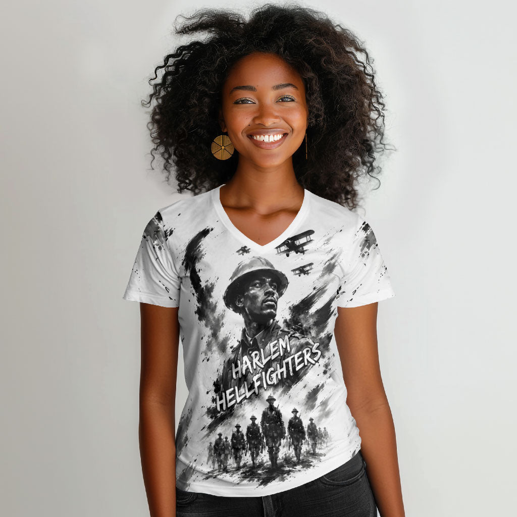 Personalized Harlem Hellfighters Women V-Neck T-Shirt WWI African American Soldiers Monochrome Grunge Sketch Art