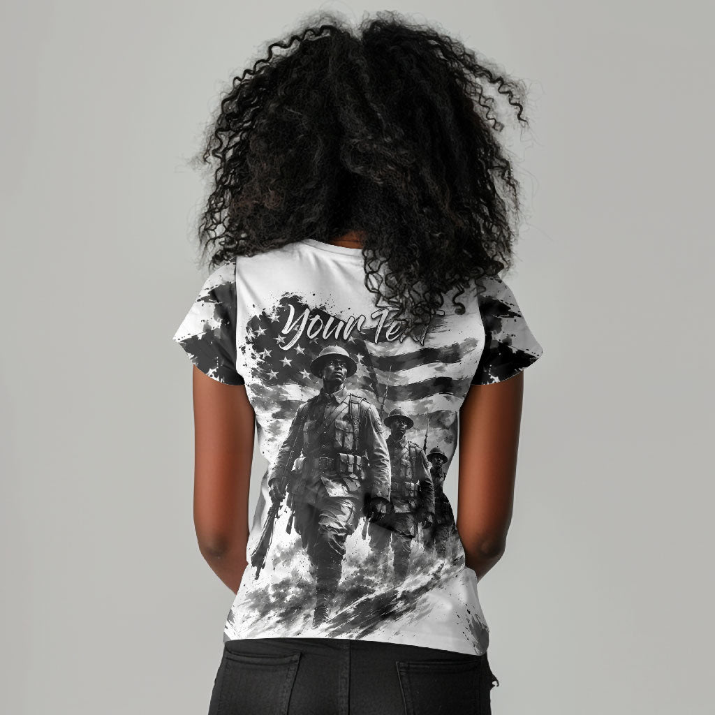 Personalized Harlem Hellfighters Women V-Neck T-Shirt WWI African American Soldiers Monochrome Grunge Sketch Art