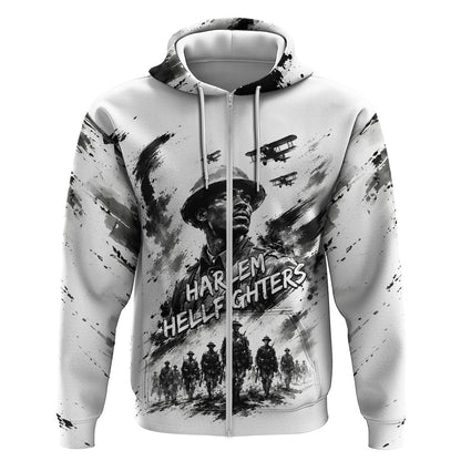 Personalized Harlem Hellfighters Zip Hoodie WWI African American Soldiers Monochrome Grunge Sketch Art