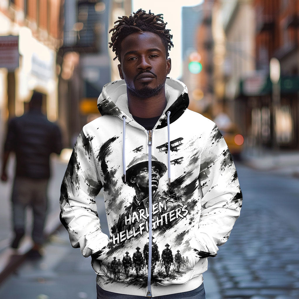 Personalized Harlem Hellfighters Zip Hoodie WWI African American Soldiers Monochrome Grunge Sketch Art