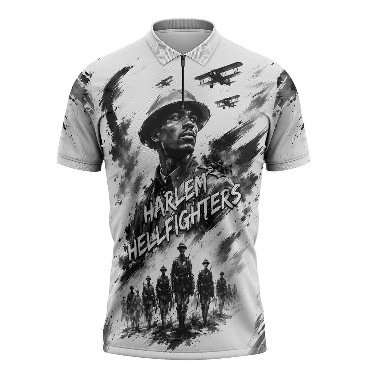 Personalized Harlem Hellfighters Zipper Polo Shirt WWI African American Soldiers Monochrome Grunge Sketch Art