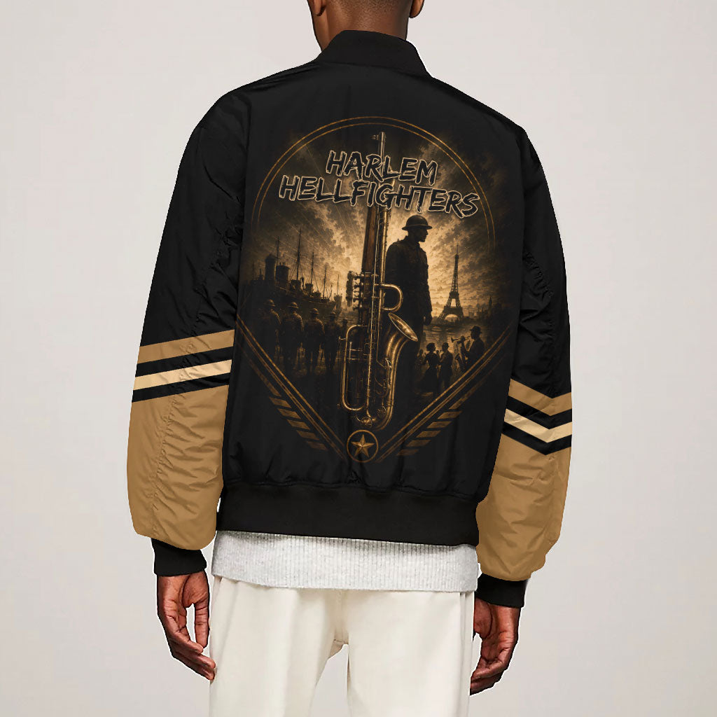 Harlem Hellfighters WWI Soldier Bomber Jacket Vintage Military Jazz Band Artwork