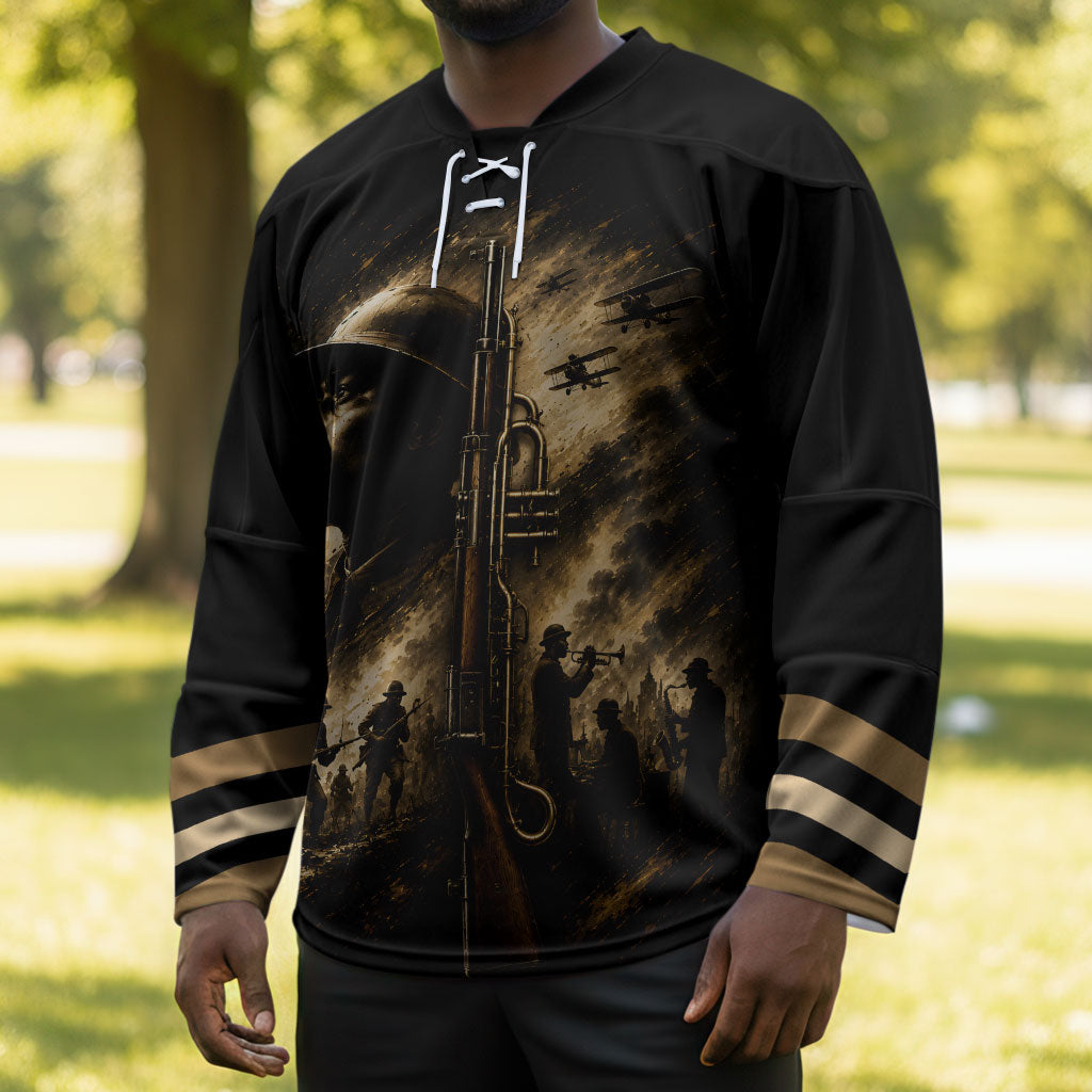 Harlem Hellfighters WWI Soldier Hockey Jersey Vintage Military Jazz Band Artwork