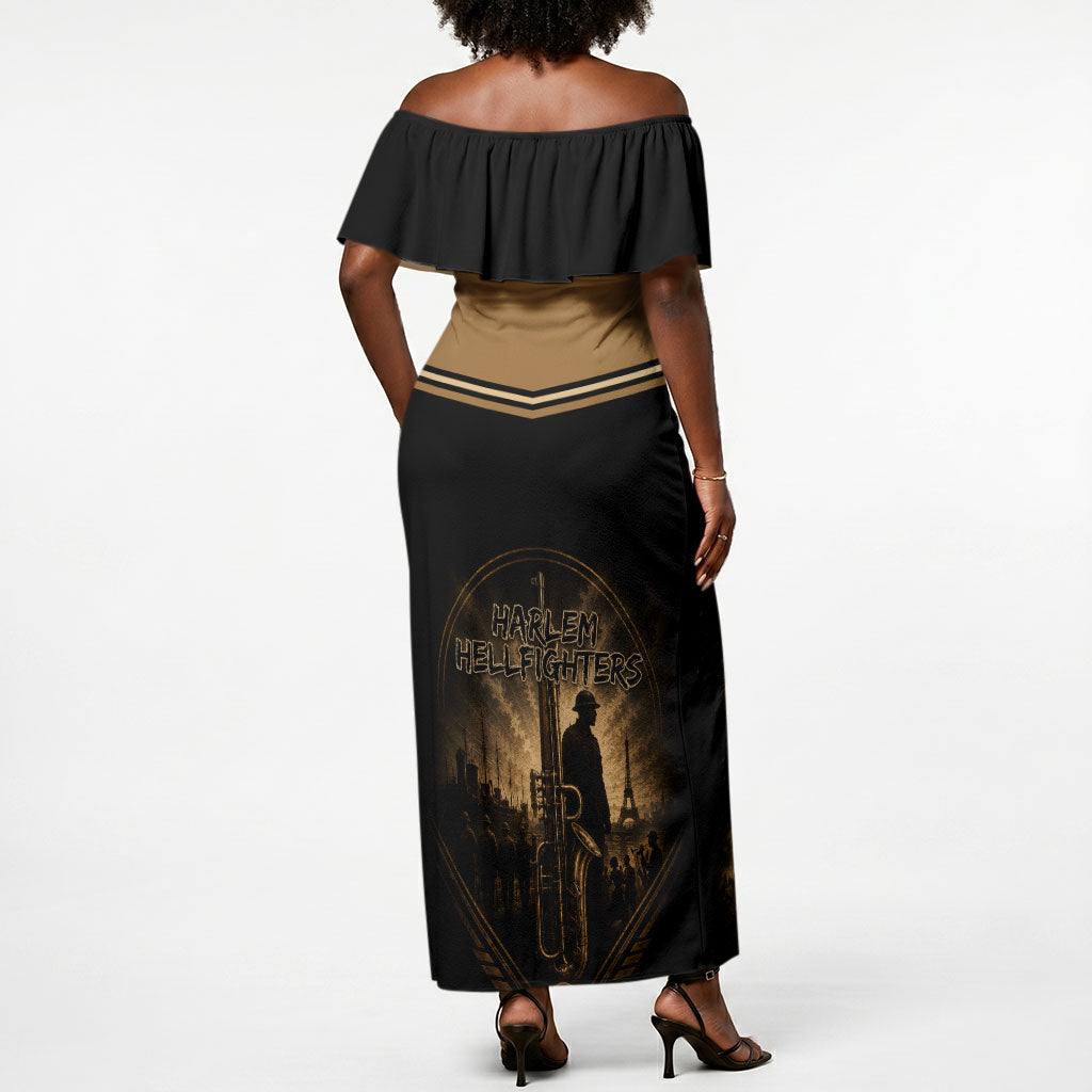 Harlem Hellfighters WWI Soldier Off Shoulder Maxi Dress Vintage Military Jazz Band Artwork