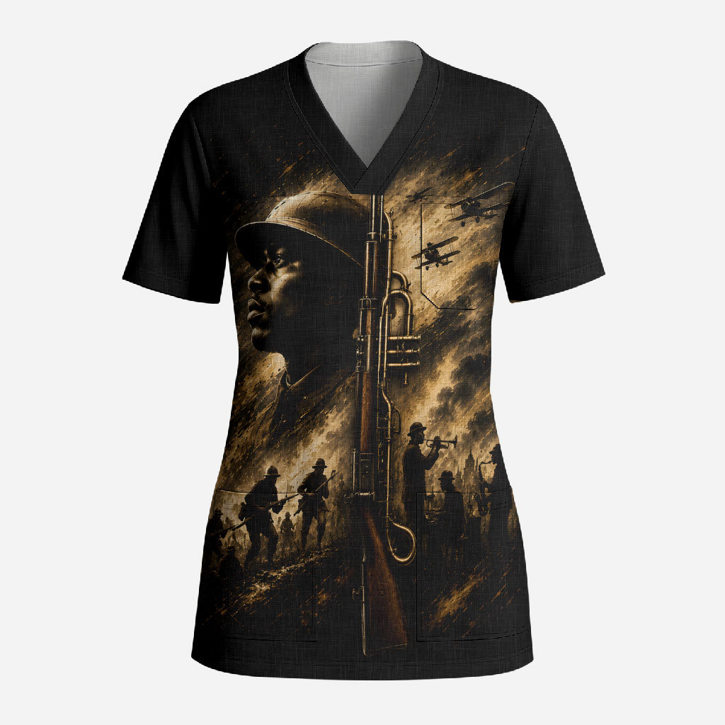 Harlem Hellfighters WWI Soldier Scrub Top Vintage Military Jazz Band Artwork