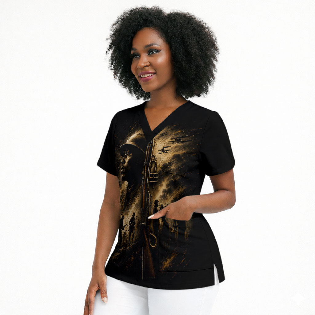 Harlem Hellfighters WWI Soldier Scrub Top Vintage Military Jazz Band Artwork