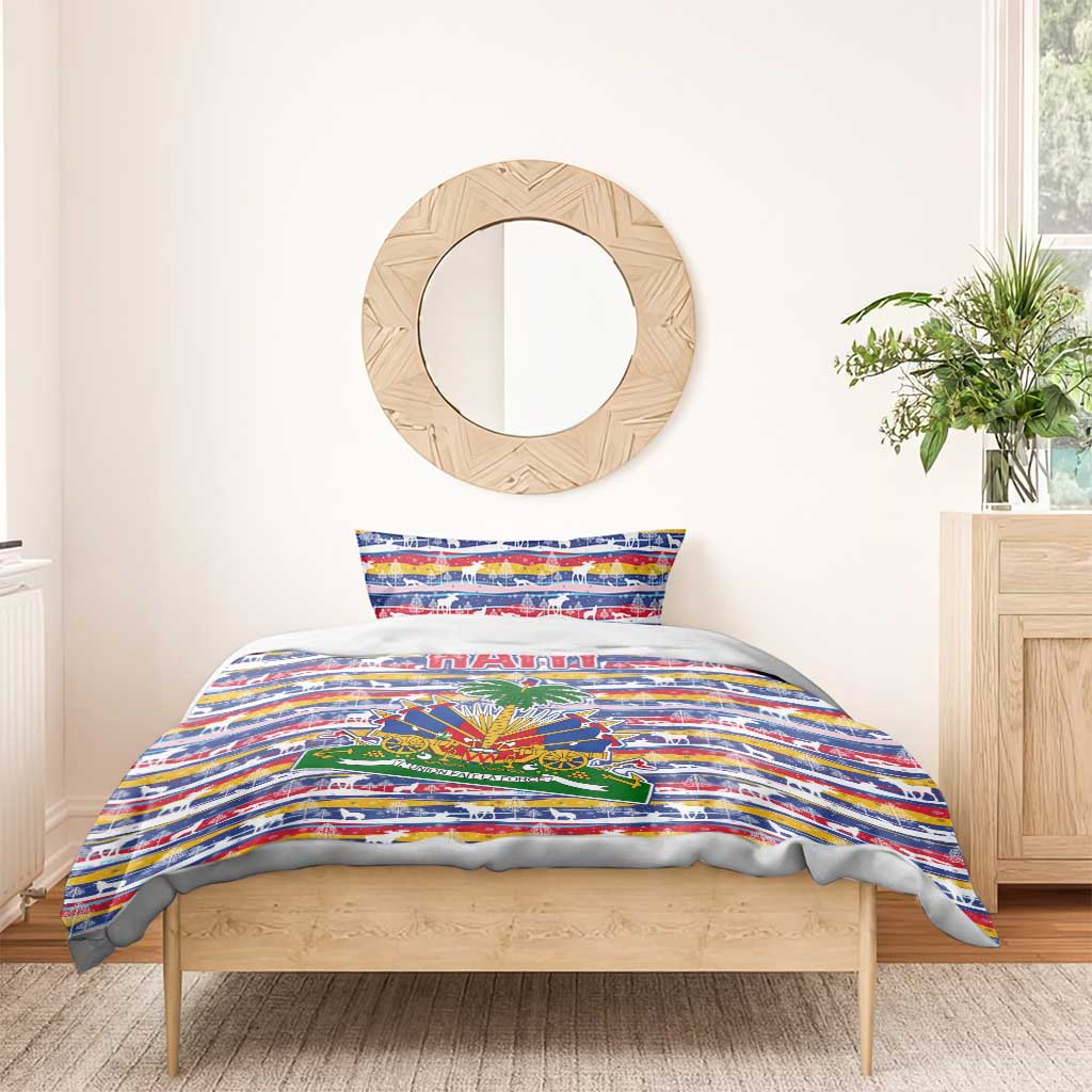 Haiti Christmas Bedding Set Blue Red Yellow Xmas Santa Sleigh and Coat of Arms - African Pride