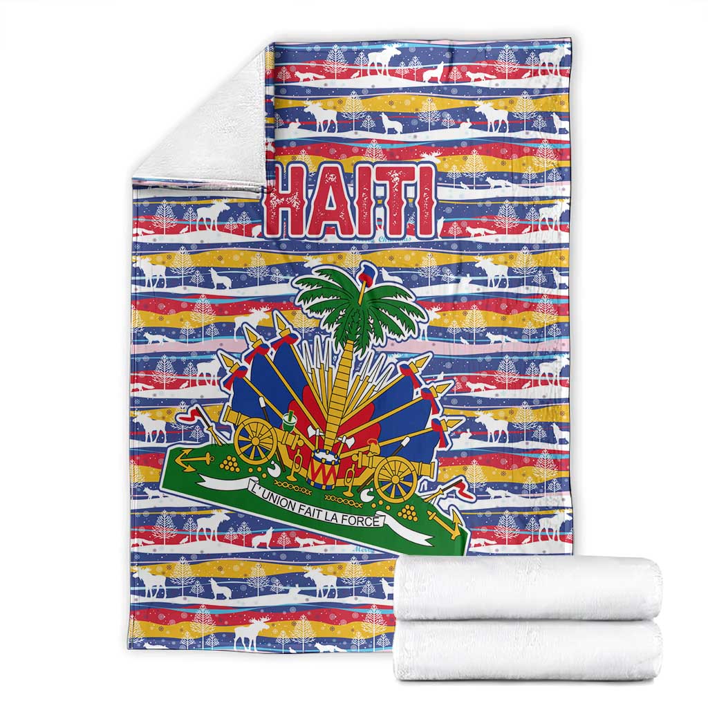 Haiti Christmas Blanket Blue Red Yellow Xmas Santa Sleigh and Coat of Arms - African Pride