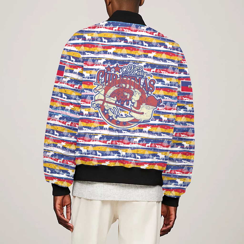 Haiti Christmas Bomber Jacket Blue Red Yellow Xmas Santa Sleigh and Coat of Arms - African Pride