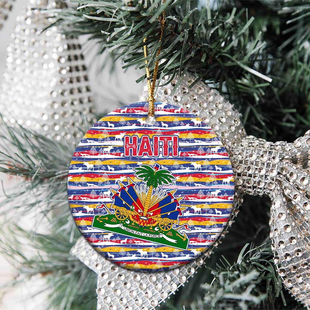 Haiti Christmas Ceramic Ornament Blue Red Yellow Xmas Santa Sleigh and Coat of Arms - African Pride