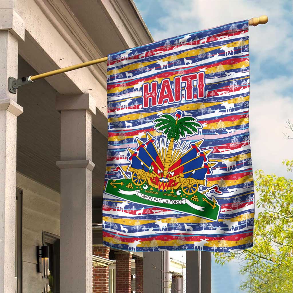 Haiti Christmas Garden Flag Blue Red Yellow Xmas Santa Sleigh and Coat of Arms - African Pride