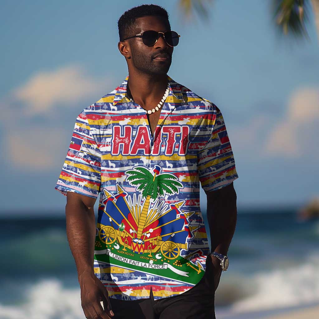 Haiti Christmas Hawaiian Shirt Blue Red Yellow Xmas Santa Sleigh and Coat of Arms - African Pride