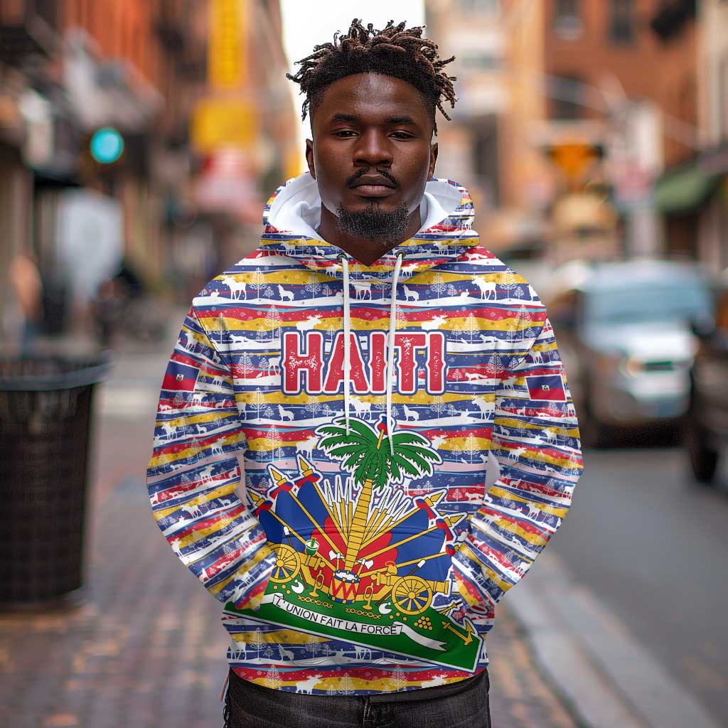 Haiti Christmas Hoodie Blue Red Yellow Xmas Santa Sleigh and Coat of Arms - African Pride