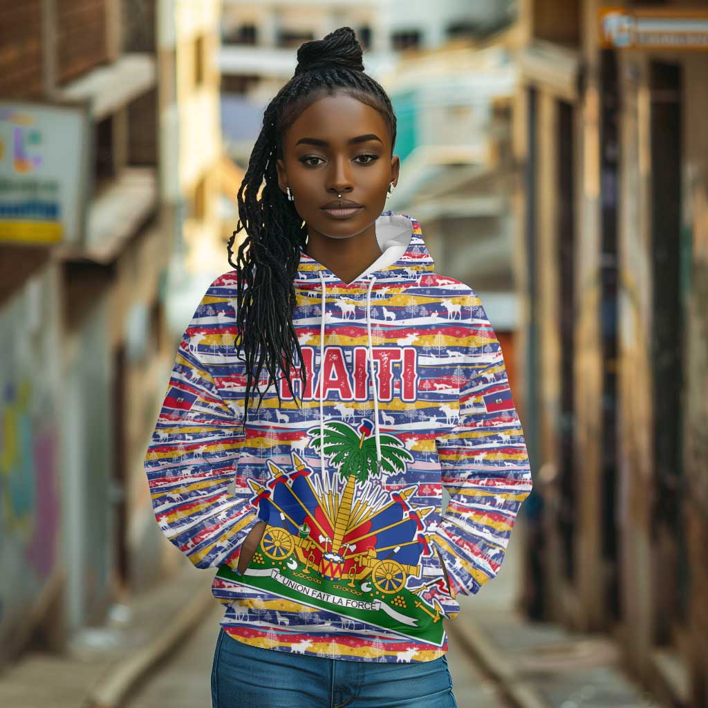 Haiti Christmas Hoodie Blue Red Yellow Xmas Santa Sleigh and Coat of Arms - African Pride