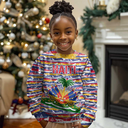 Haiti Christmas Kid Ugly Christmas Sweater Blue Red Yellow Xmas Santa Sleigh and Coat of Arms - African Pride