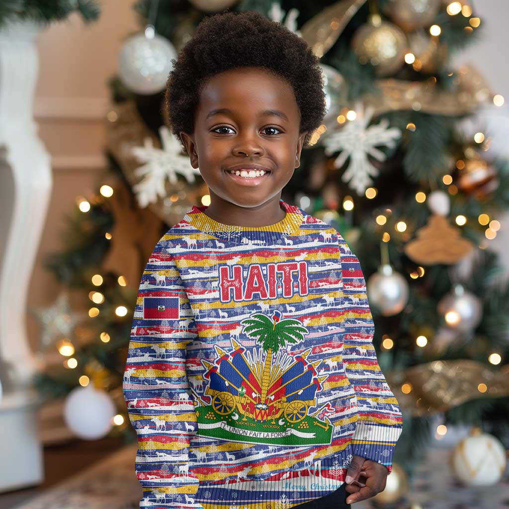 Haiti Christmas Kid Ugly Christmas Sweater Blue Red Yellow Xmas Santa Sleigh and Coat of Arms - African Pride