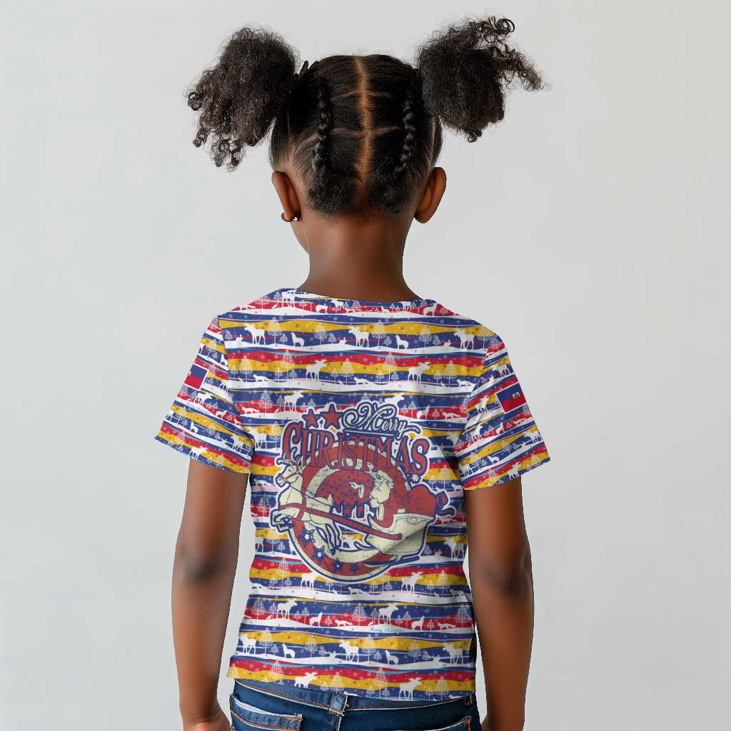 Haiti Christmas Kid T shirt Blue Red Yellow Xmas Santa Sleigh and Coat of Arms - African Pride