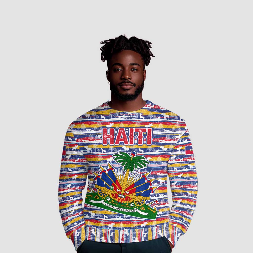 Haiti Christmas Ugly Christmas Sweater Blue Red Yellow Xmas Santa Sleigh and Coat of Arms - African Pride