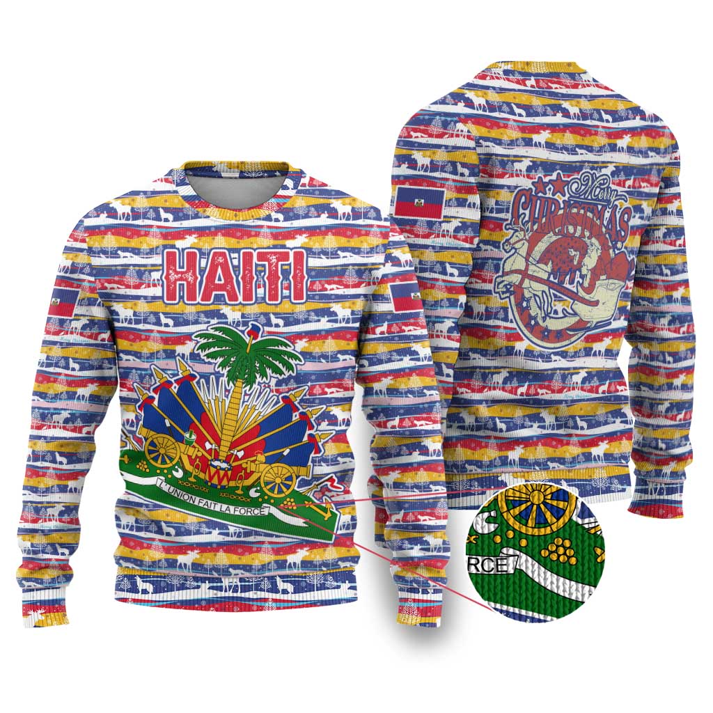 Haiti Christmas Ugly Christmas Sweater Blue Red Yellow Xmas Santa Sleigh and Coat of Arms - African Pride