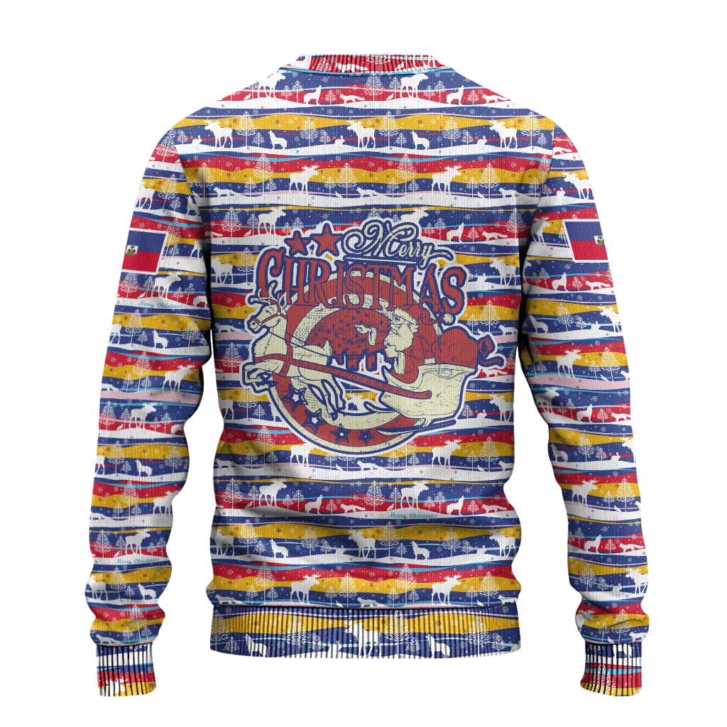 Haiti Christmas Ugly Christmas Sweater Blue Red Yellow Xmas Santa Sleigh and Coat of Arms - African Pride