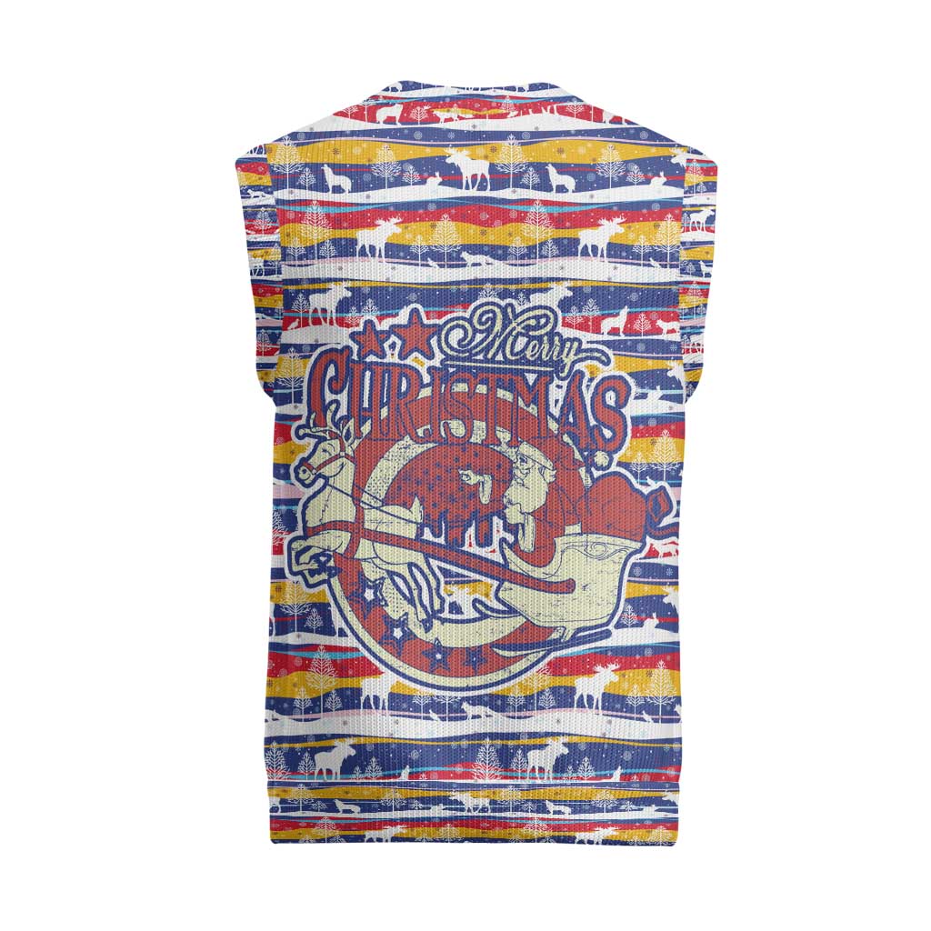 Haiti Christmas Knitted V-Neck Vest Blue Red Yellow Xmas Santa Sleigh and Coat of Arms - African Pride