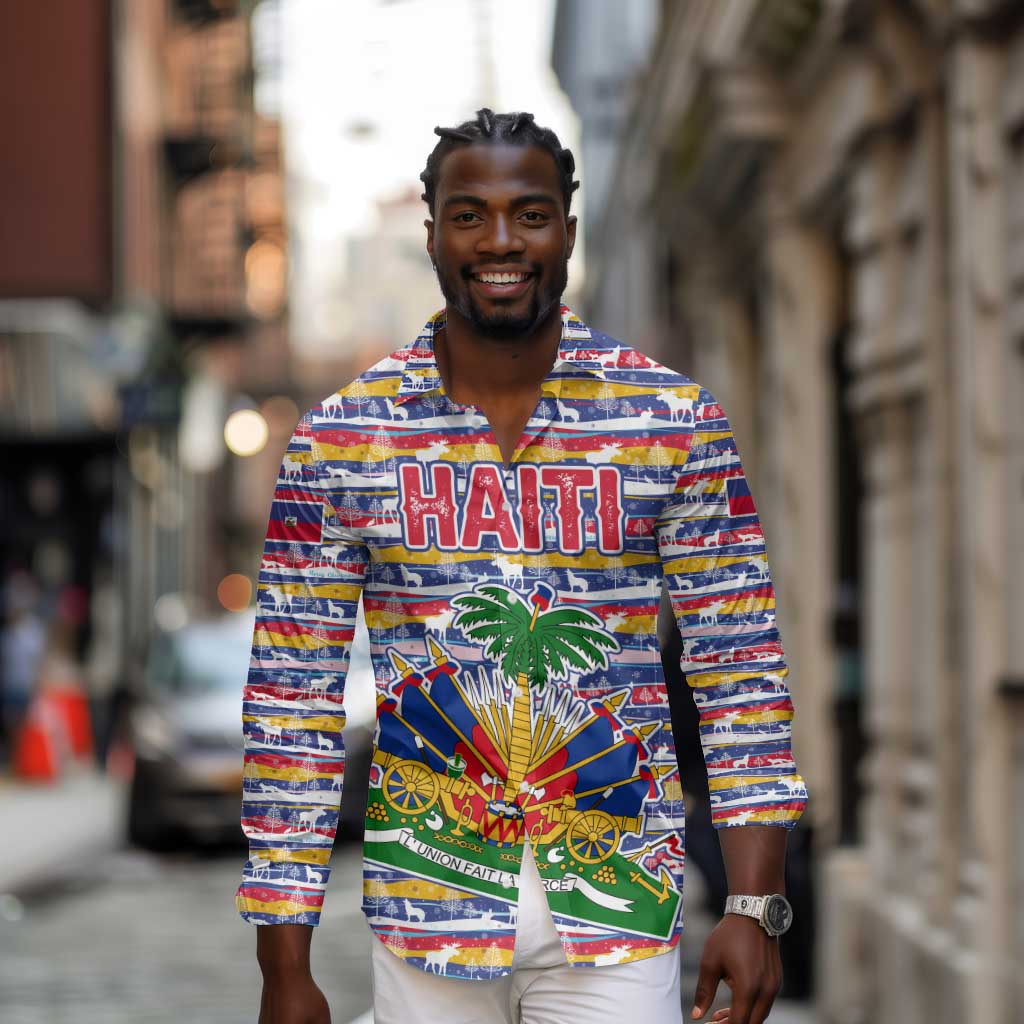 Haiti Christmas Long Sleeve Button Shirt Blue Red Yellow Xmas Santa Sleigh and Coat of Arms - African Pride