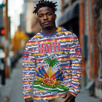 Haiti Christmas Long Sleeve Shirt Blue Red Yellow Xmas Santa Sleigh and Coat of Arms - African Pride
